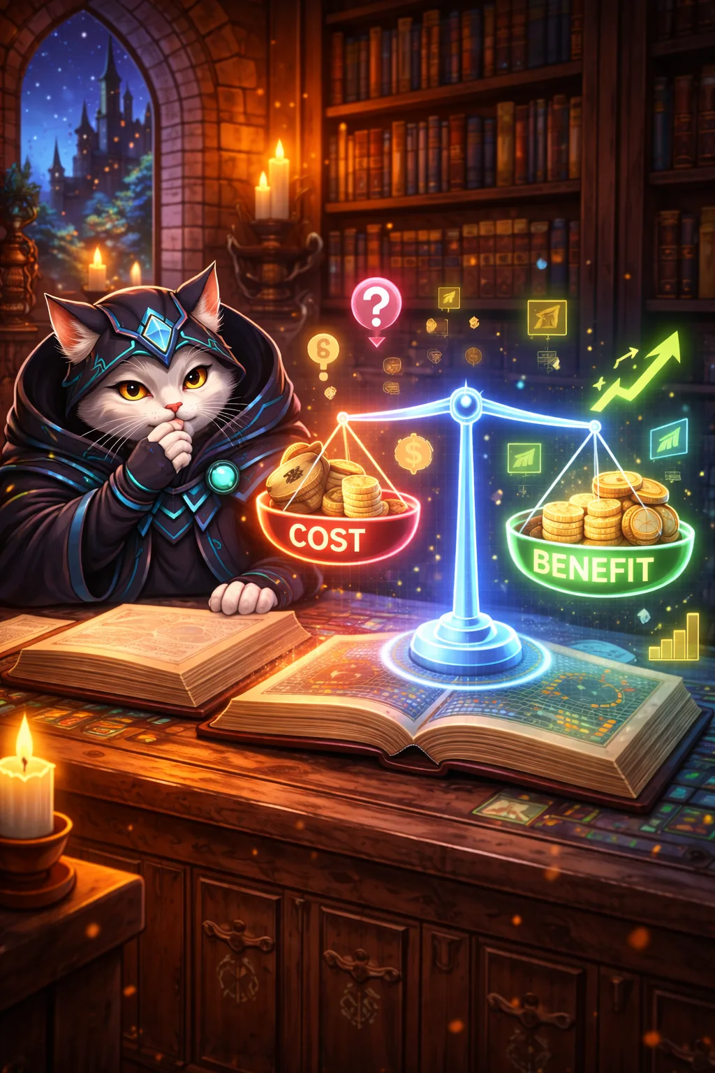 A cost-benefit scale weighing AI adoption tradeoffs.
