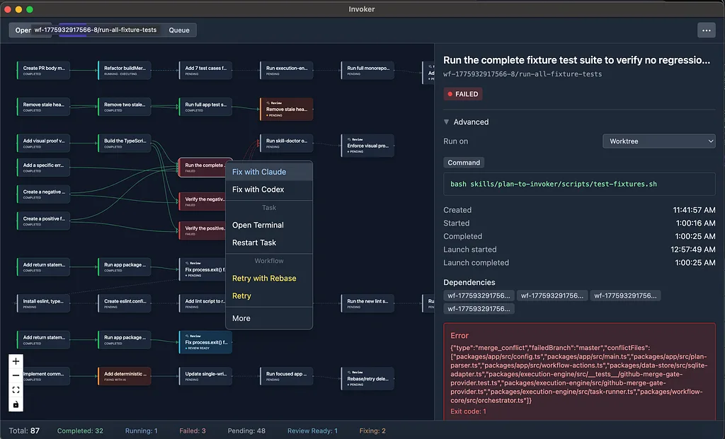 Invoker task graph showing task state and repair controls.